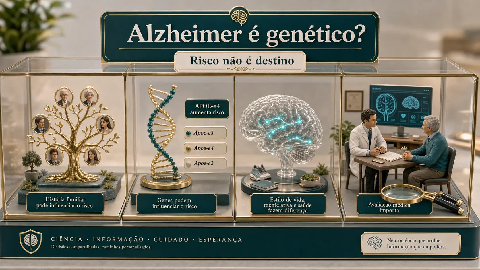 Diorama médico mostrando uma árvore familiar, genes, cérebro e consulta médica para explicar genética no Alzheimer