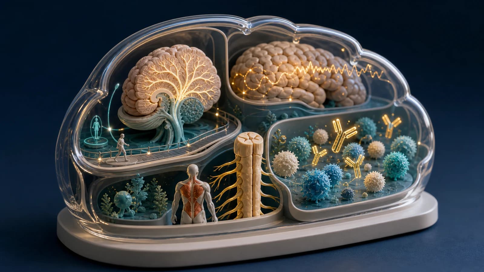 Diorama médico mostrando cérebro, cerebelo, medula e sistema imunológico em uma cena didática sobre anti-GAD65