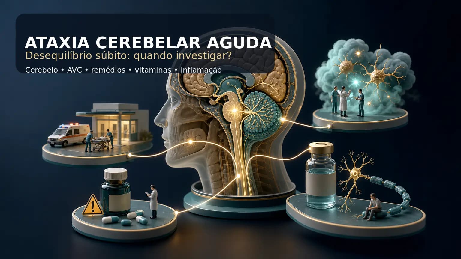 Diorama médico mostrando o cerebelo como centro de coordenação e diferentes causas de ataxia cerebelar aguda