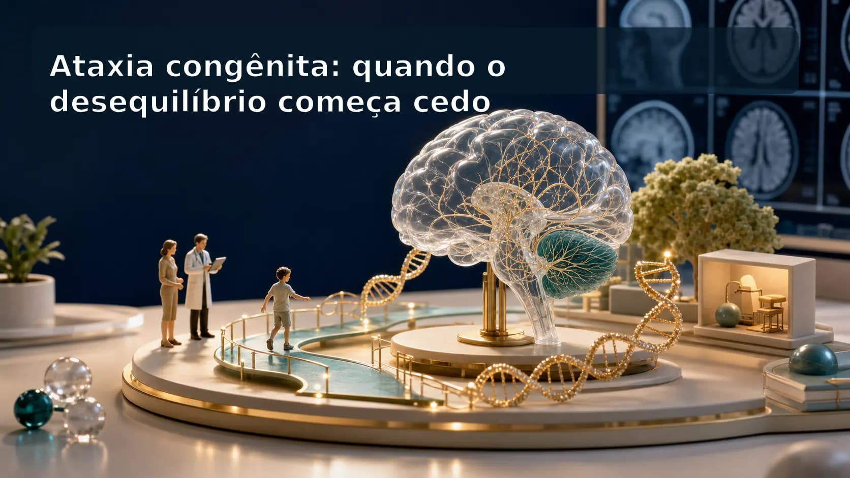 Diorama médico mostrando cerebelo, DNA, ressonância e uma criança em avaliação de marcha para explicar ataxia congênita