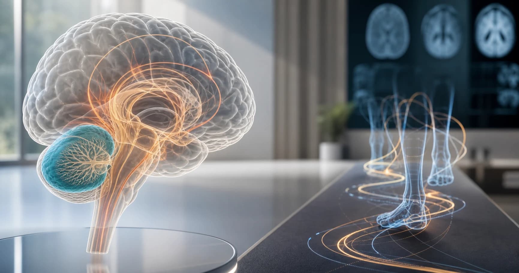 Ilustração médica com cerebelo destacado, circuitos motores e marcha com movimento irregular em ataxia cerebelar e coreia