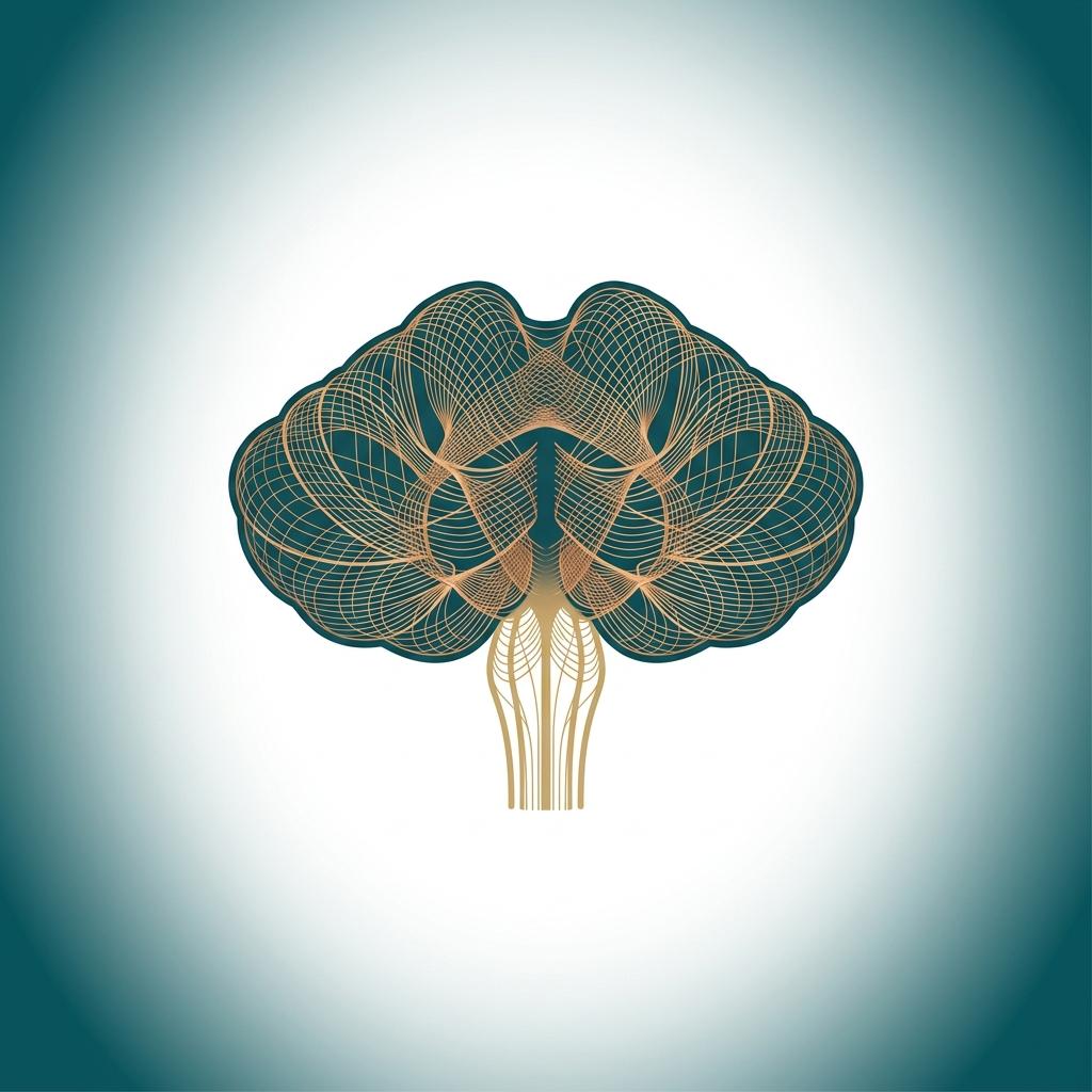 Ilustração flat design de cerebelo e medula espinal em azul-petróleo e dourado, representando a ataxia de Friedreich