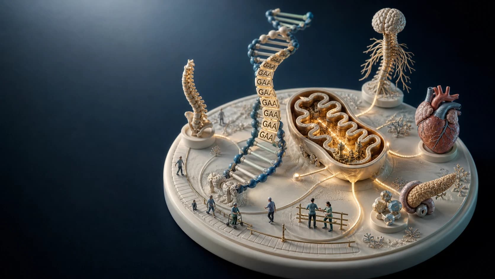 Diorama médico em miniatura representando o gene FXN, mitocôndrias, sistema nervoso, coração e coluna na ataxia de Friedreich