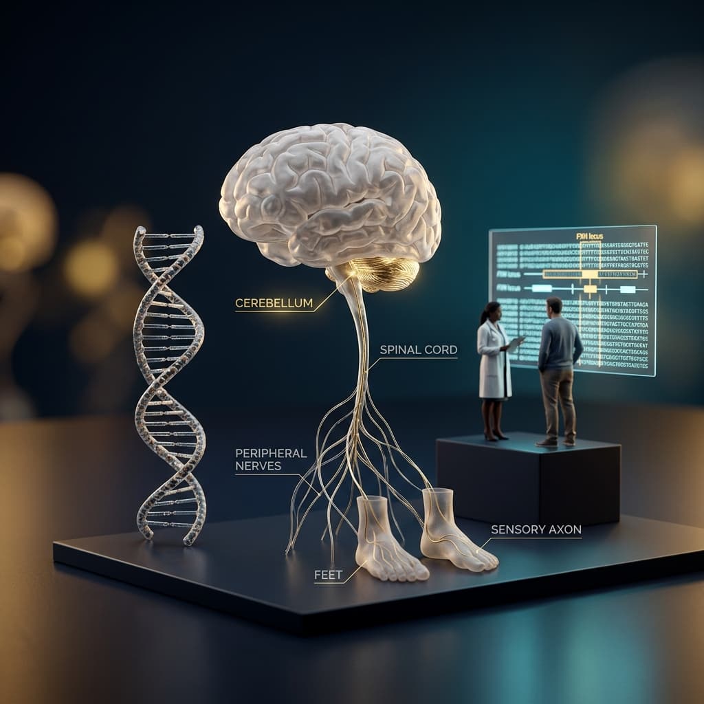 Diorama médico mostrando um cérebro, medula cervical e dupla hélice genética para explicar a ataxia de Friedreich de início tardio