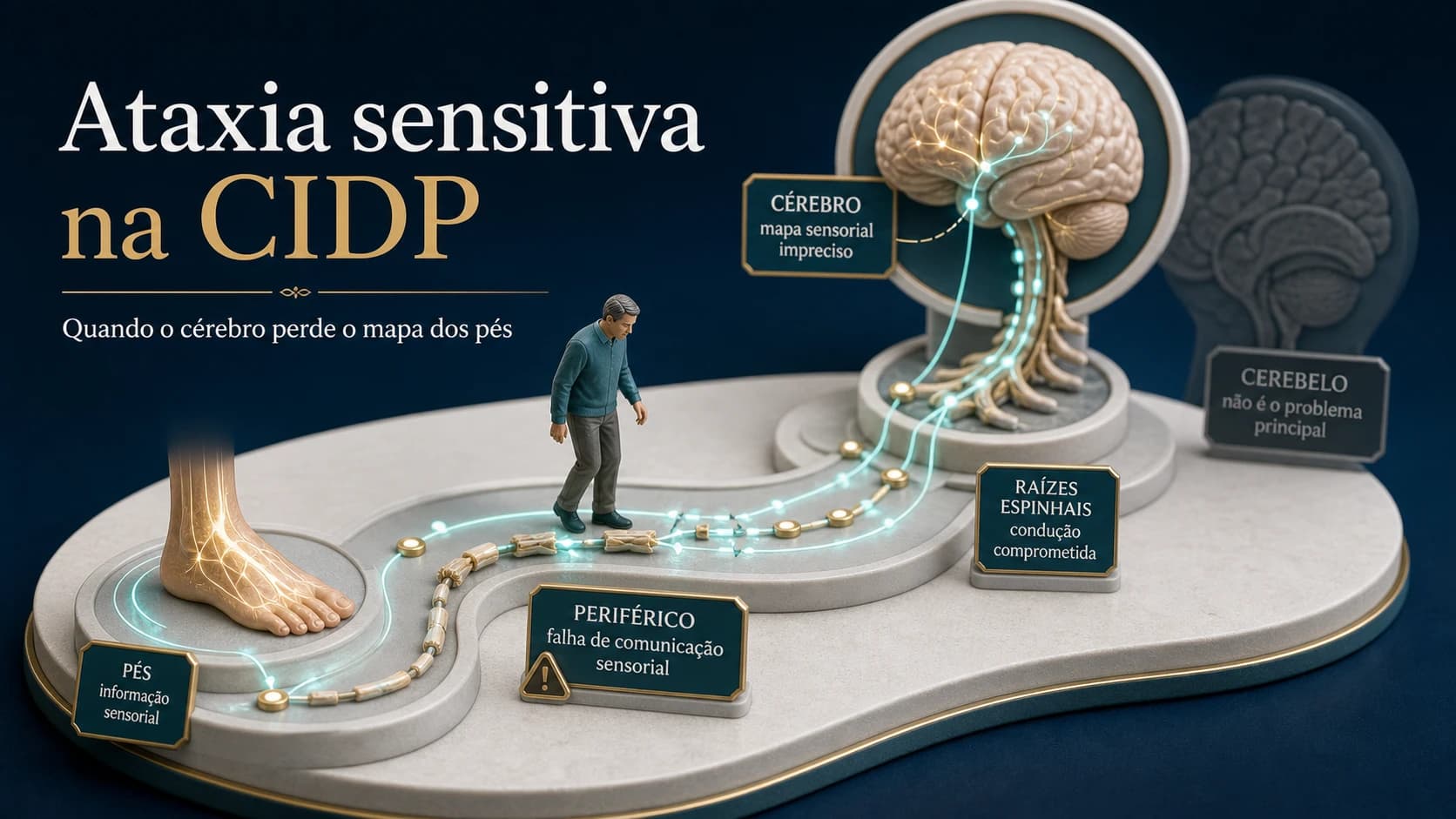Diorama médico mostrando nervos periféricos como fios de comunicação entre pés, medula e cérebro, representando ataxia sensitiva na CIDP