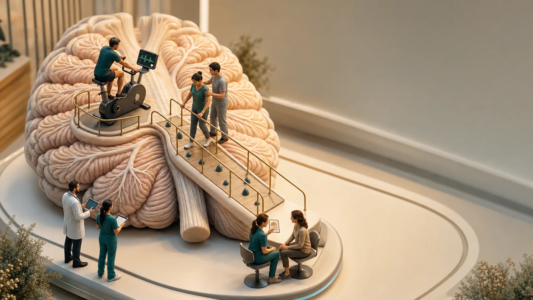 Diorama médico representando uma pessoa com ataxia em bicicleta ergométrica e treinamento de equilíbrio, acompanhada por equipe de reabilitação