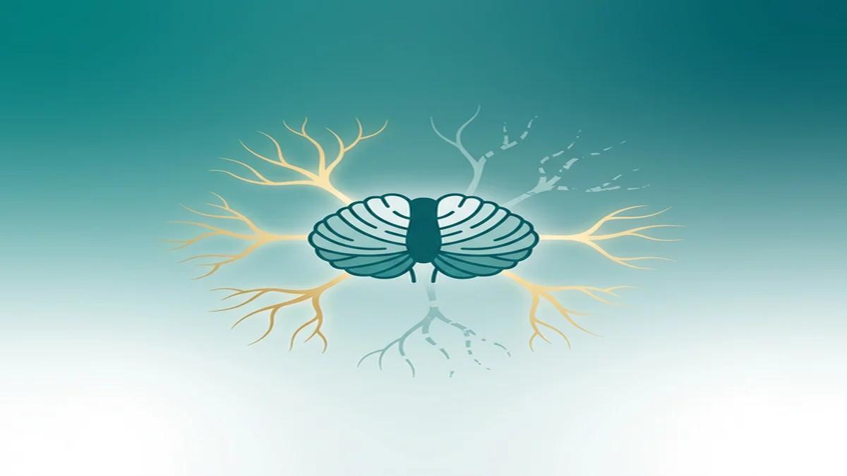 Ilustração editorial de cerebelo com conexões neurais em estilo flat design médico, tons de azul-petróleo e dourado