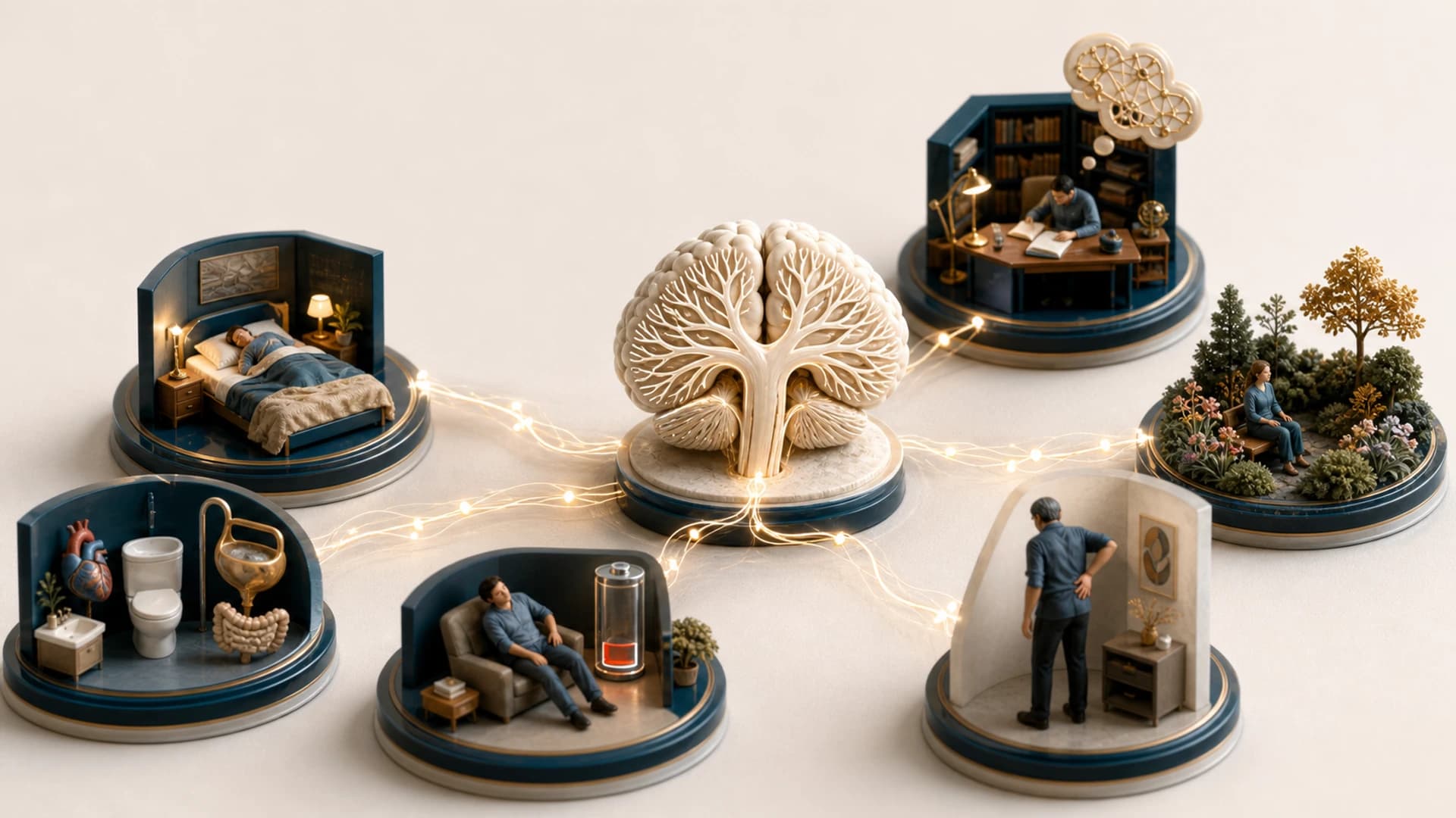 Diorama médico representando o cerebelo conectado a ambientes que simbolizam sono, memória, humor, dor, fadiga e funções autonômicas
