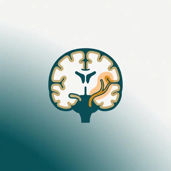 Ilustração de um cérebro com vaso sanguíneo obstruído e zona de penumbra em laranja suave, estilo flat design médico