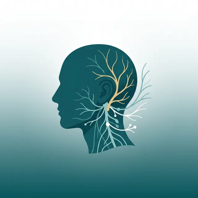 Ilustração editorial minimalista de nervos cranianos periféricos com destaque para o nervo occipital maior, em estilo flat design médico com tons de azul-petróleo e dourado