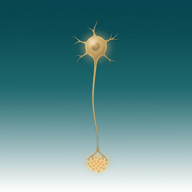 Ilustração minimalista de neurônio dopaminérgico em fundo degradê azul-petróleo, estilo editorial médico