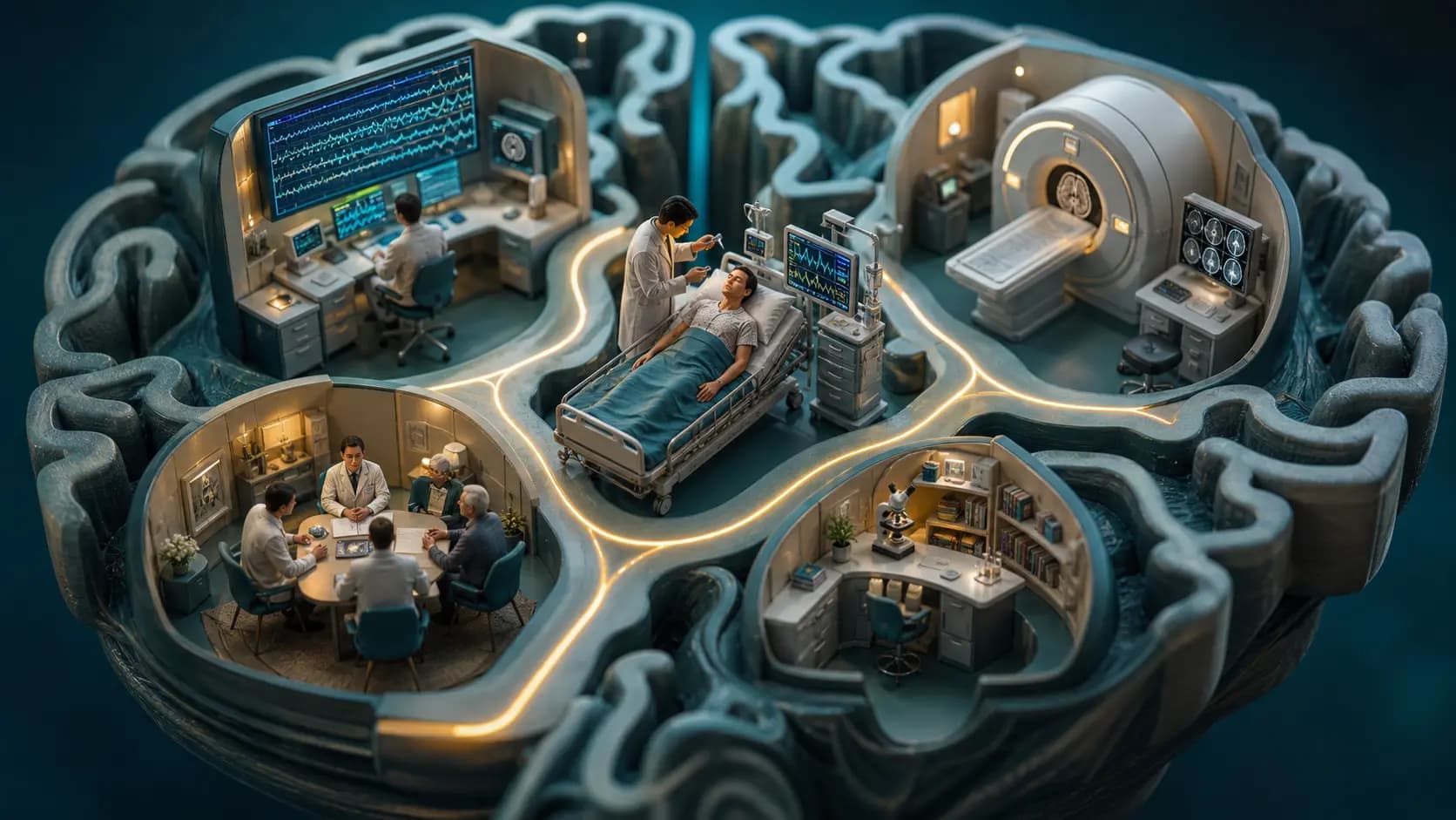 Diorama médico representando avaliação multimodal do prognóstico após lesão cerebral grave, com exame neurológico, EEG, ressonância e conversa com familiares.