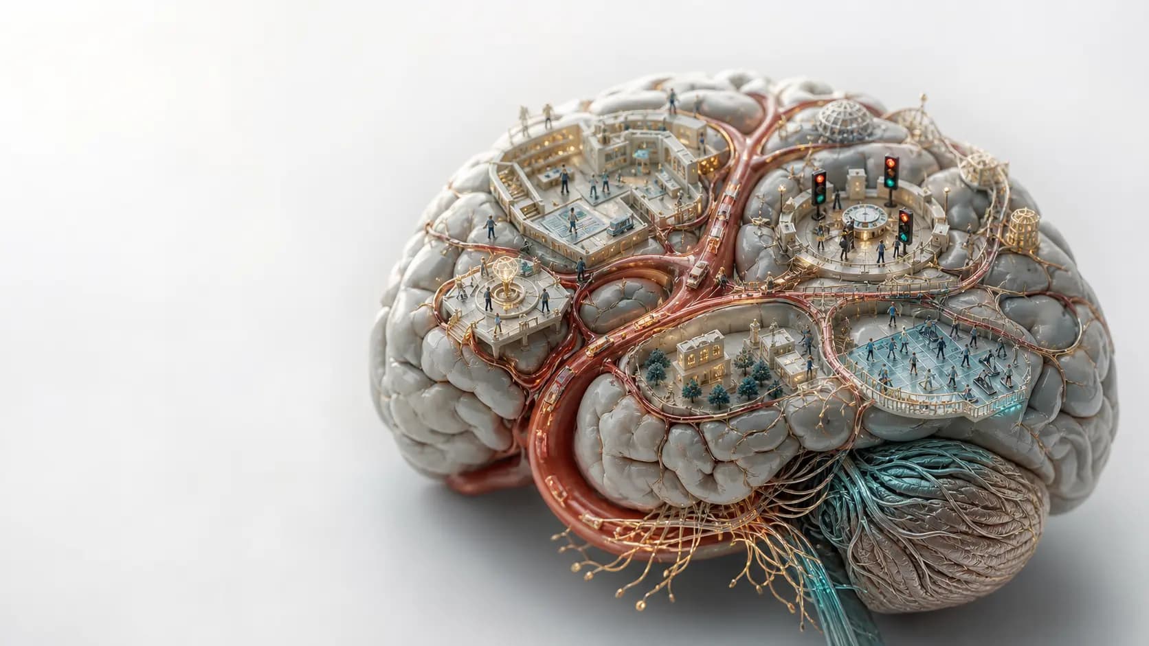 Diorama médico mostrando o cérebro como uma rede de estradas e pequenos vasos, representando os efeitos da circulação cerebral sobre a cognição