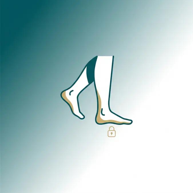Ilustração minimalista de pernas caminhando com um pé travado no chão, estilo flat design médico em azul-petróleo e dourado