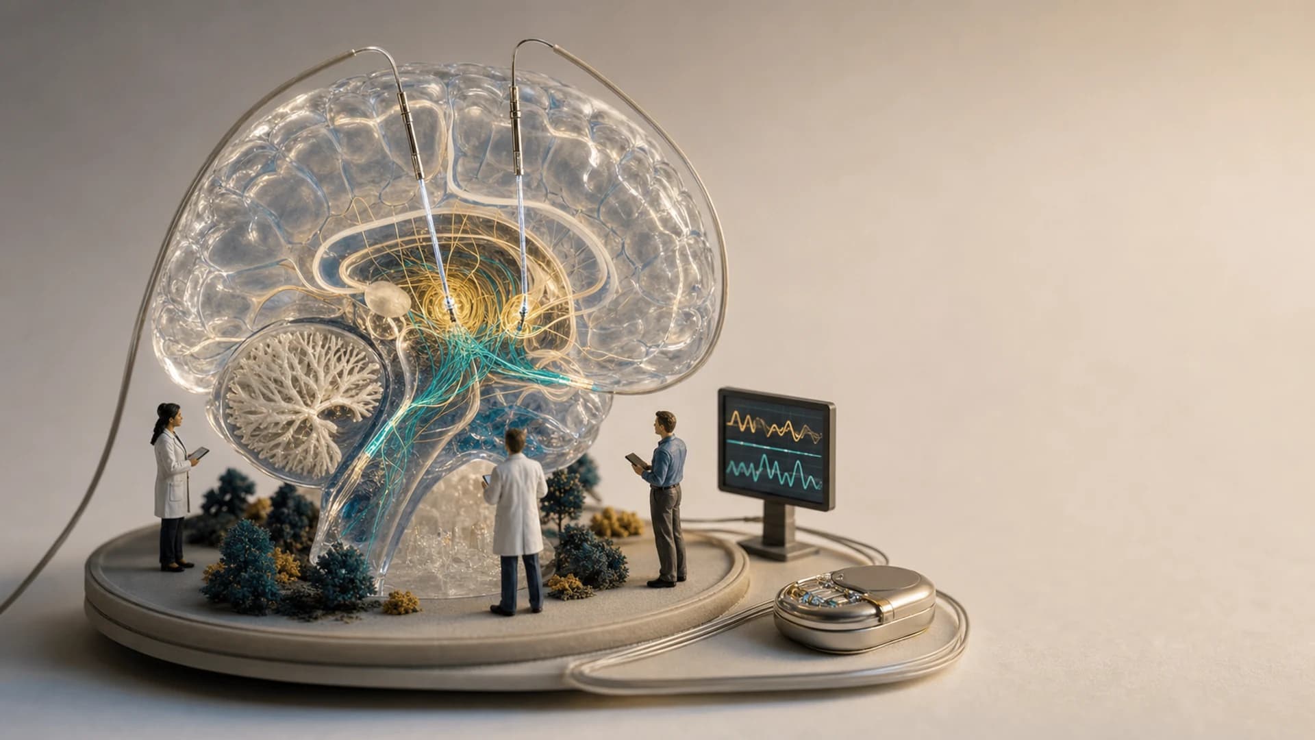 Diorama médico mostrando um cérebro em miniatura com eletrodos de estimulação cerebral profunda conectados a um gerador