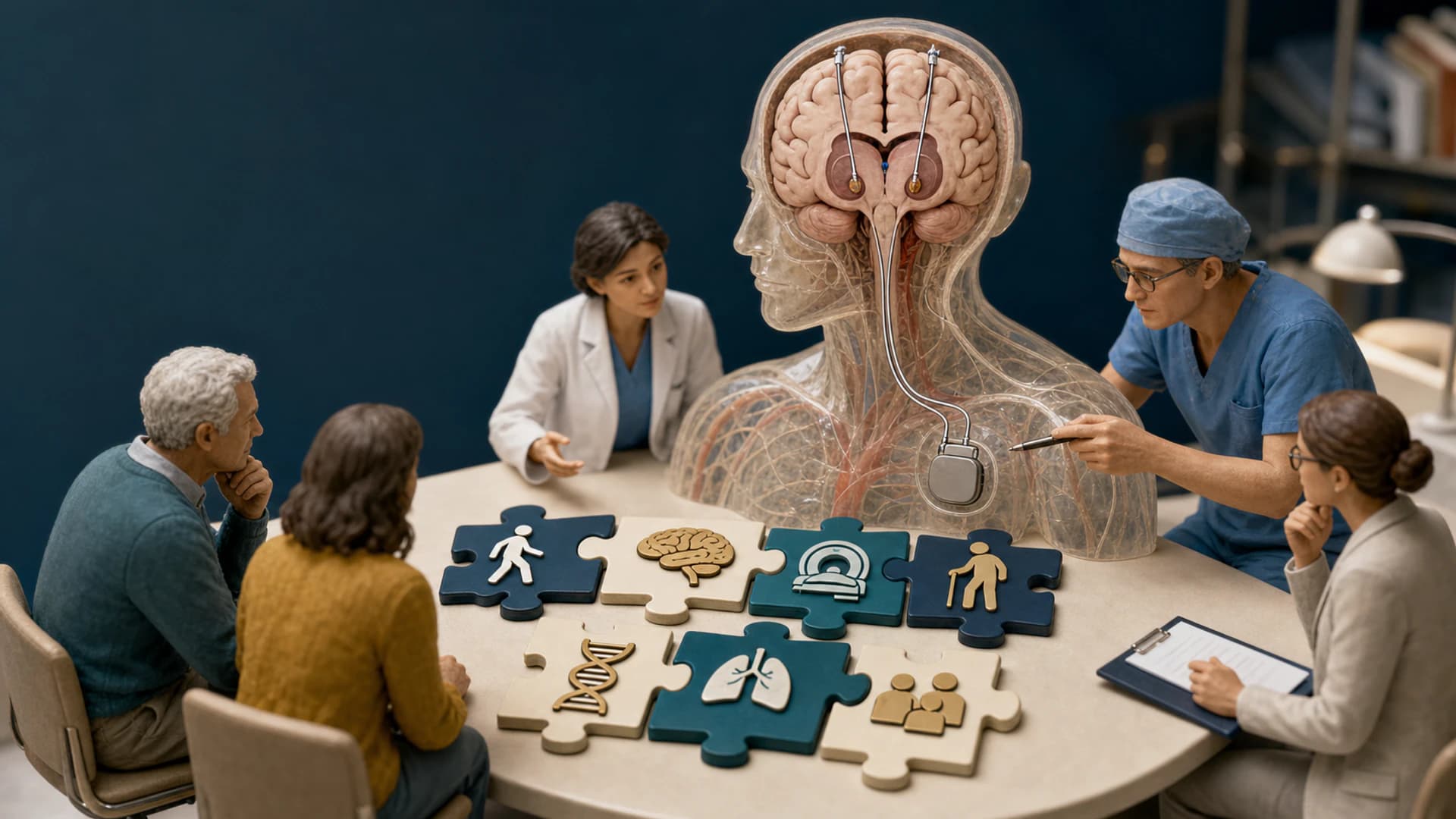 Diorama médico mostrando uma pessoa com Parkinson, um familiar e uma equipe analisando um cérebro com eletrodos de estimulação cerebral profunda
