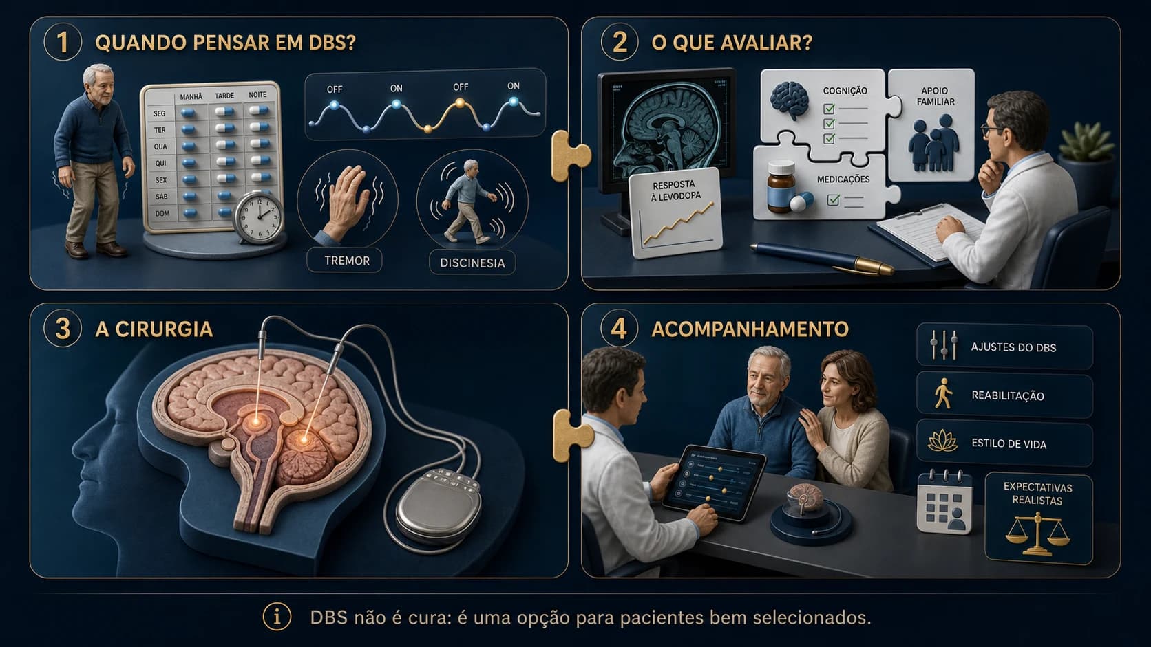 Infográfico em diorama mostrando quatro cenas sobre DBS no Parkinson: sintomas motores, avaliação cuidadosa, cirurgia de estimulação cerebral profunda e acompanhamento após o implante.