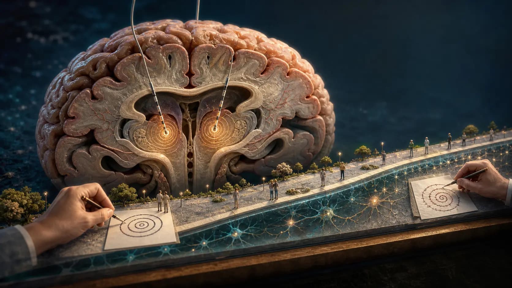Diorama médico mostrando estimulação cerebral profunda bilateral do tálamo e a evolução do controle do tremor ao longo dos anos