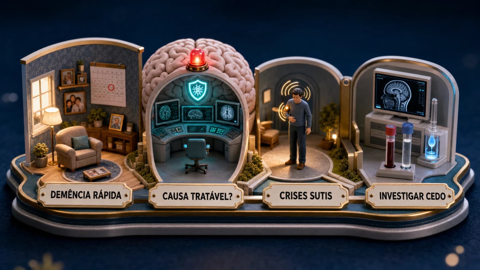 Diorama médico em quatro cenas mostrando memória, convulsões sutis, exames neurológicos e causas tratáveis de demência rapidamente progressiva