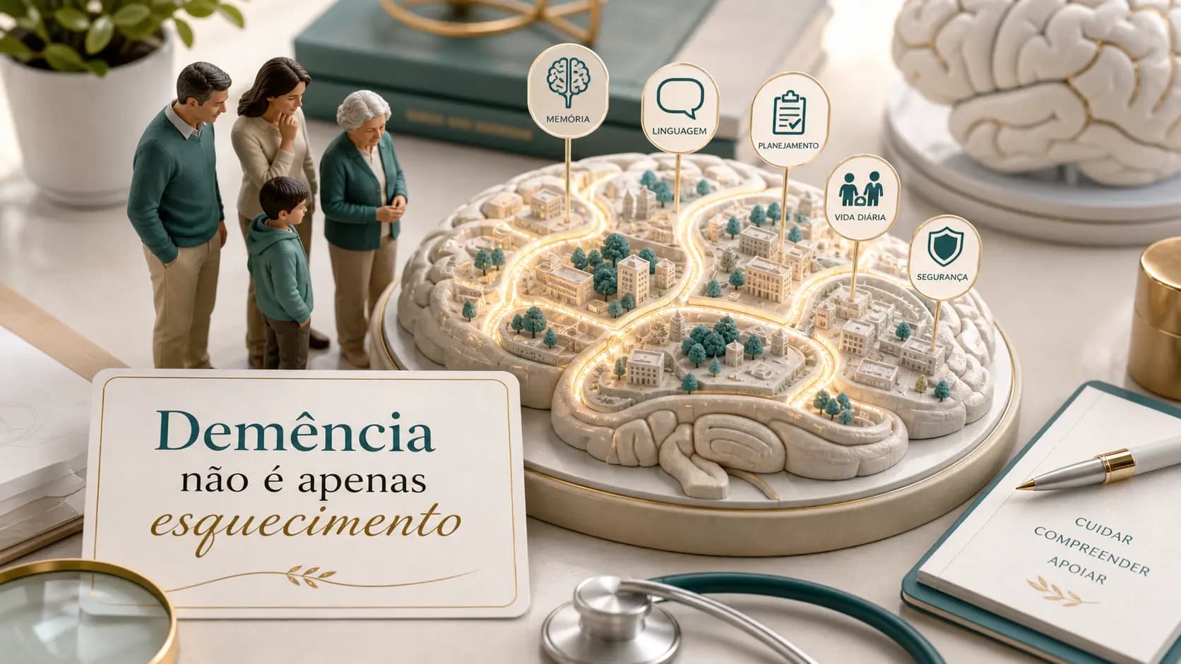 Diorama médico mostrando uma família observando sinais de memória, linguagem e autonomia ao redor de um cérebro iluminado