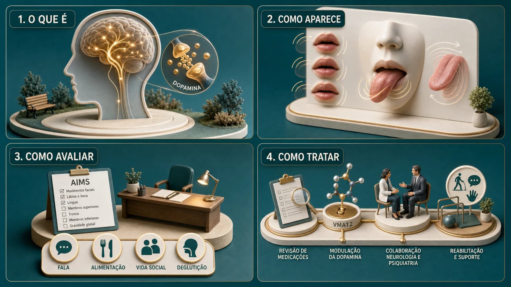 Diorama médico em quatro painéis mostrando discinesia tardia, movimentos involuntários, avaliação clínica e tratamento individualizado