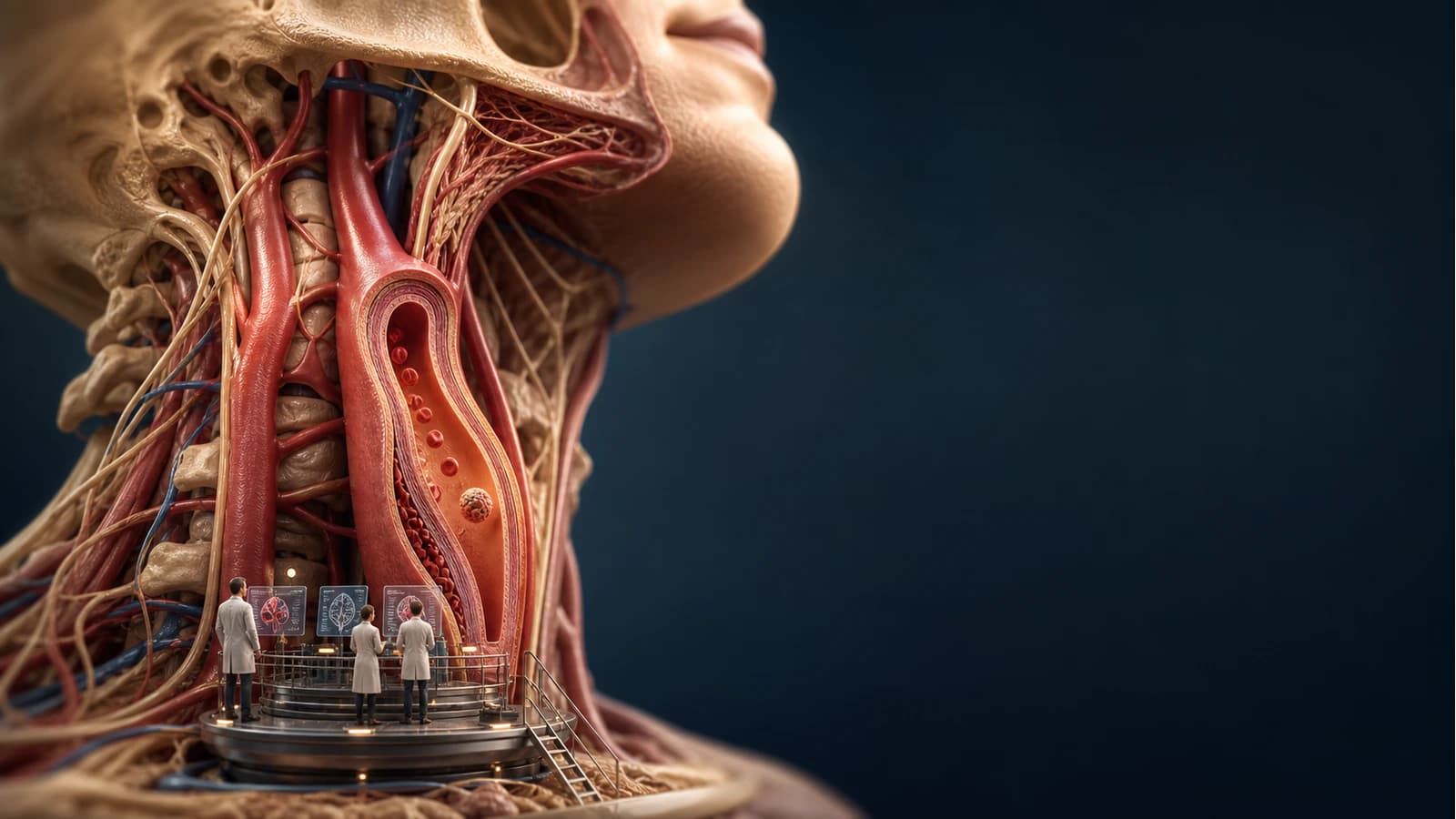 Diorama médico didático mostrando uma artéria cervical com hematoma dentro da parede e estreitamento do canal por onde passa o sangue
