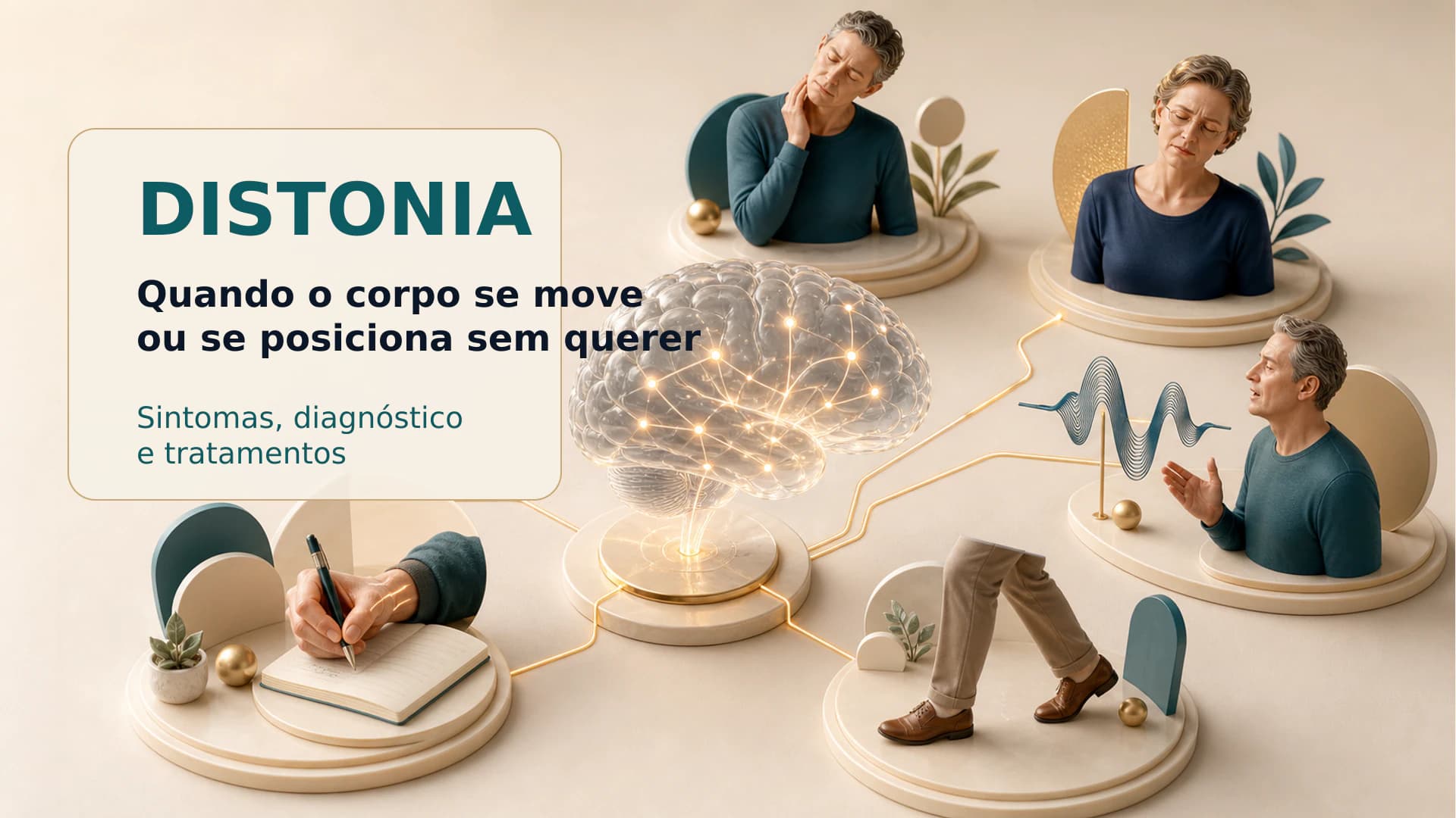 Diorama médico educativo mostrando diferentes manifestações da distonia ao redor de uma rede cerebral de controle do movimento