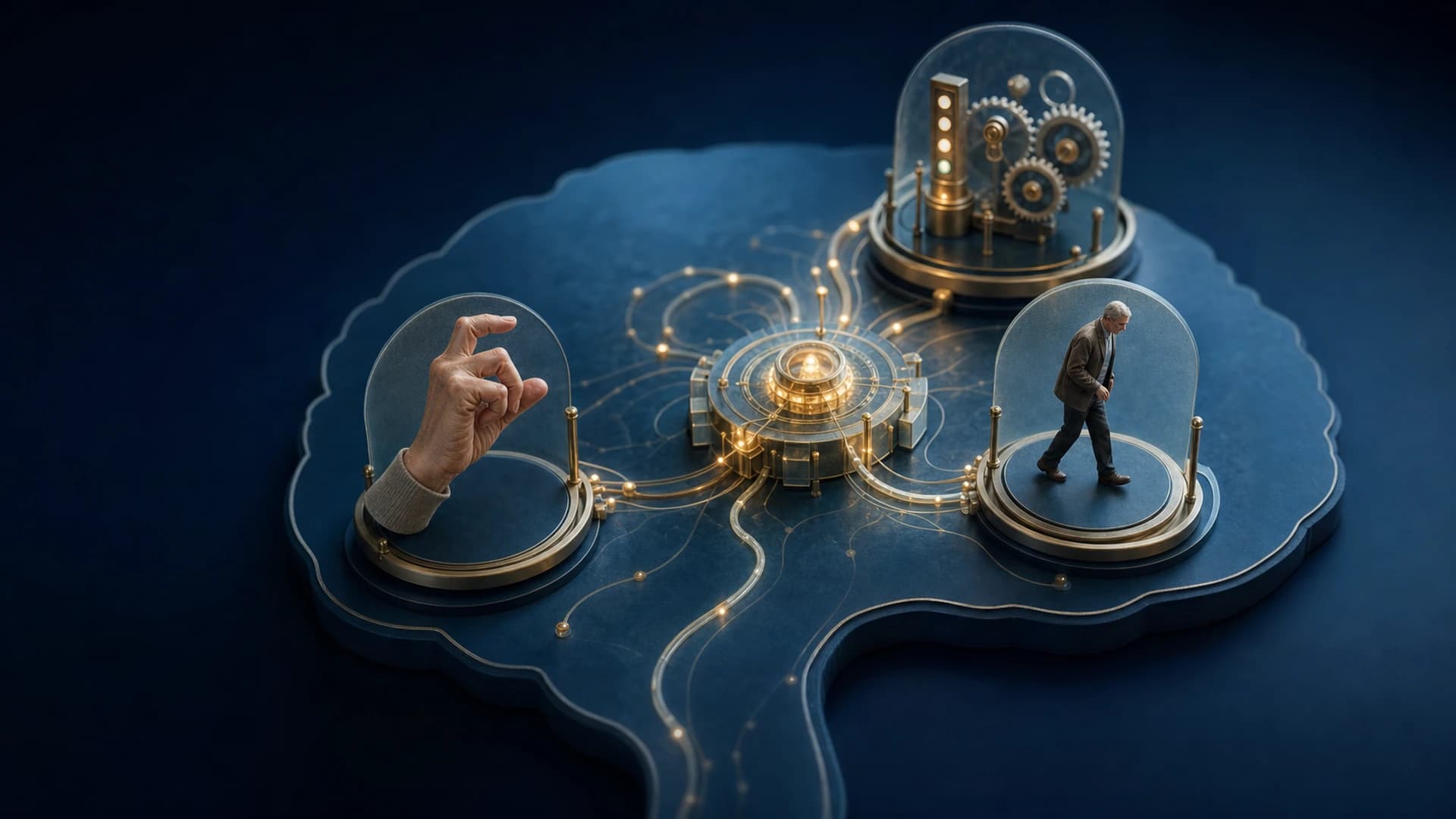 Diorama médico de uma central de movimento cerebral conectando postura, marcha e movimentos das mãos