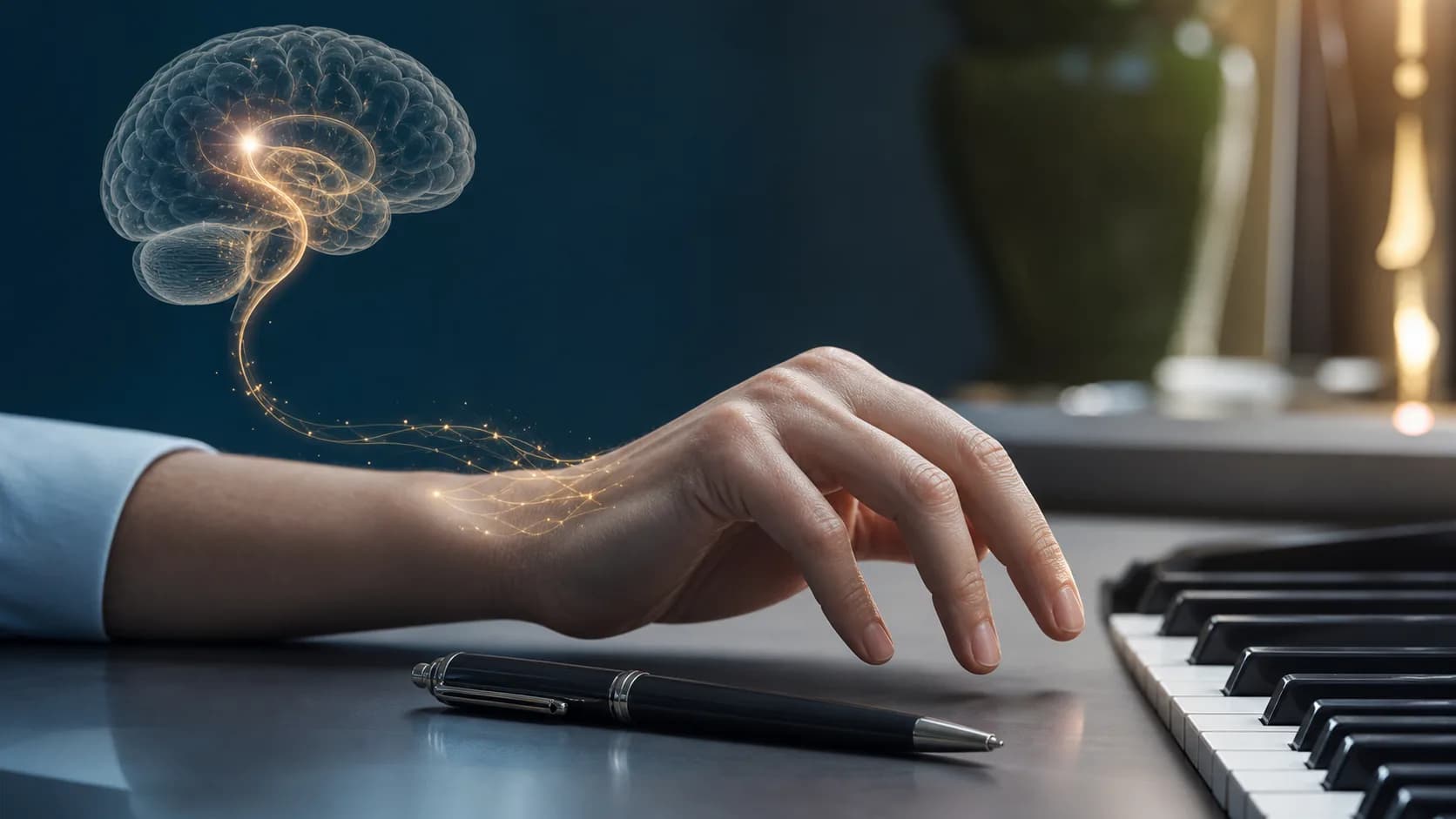 Mão próxima a caneta e teclas de piano com circuito neural luminoso representando distonia tarefa-específica