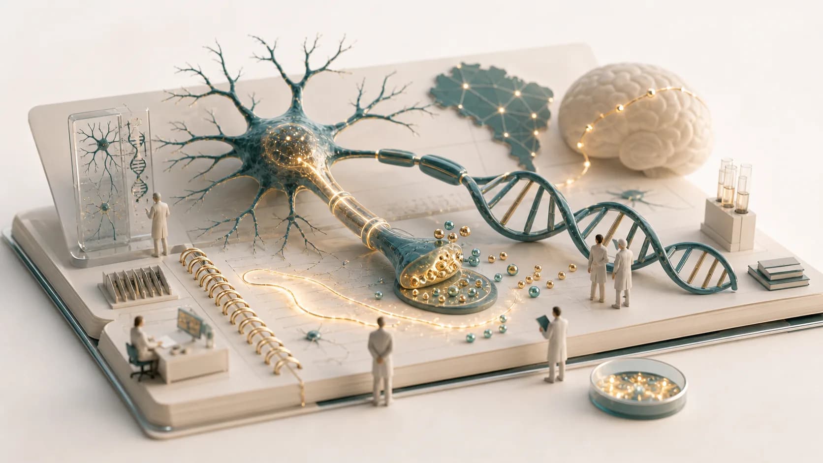 Diorama médico mostrando neurônios, vesículas sinápticas e o gene DNAJC6 em uma cena didática sobre parkinsonismo juvenil genético.