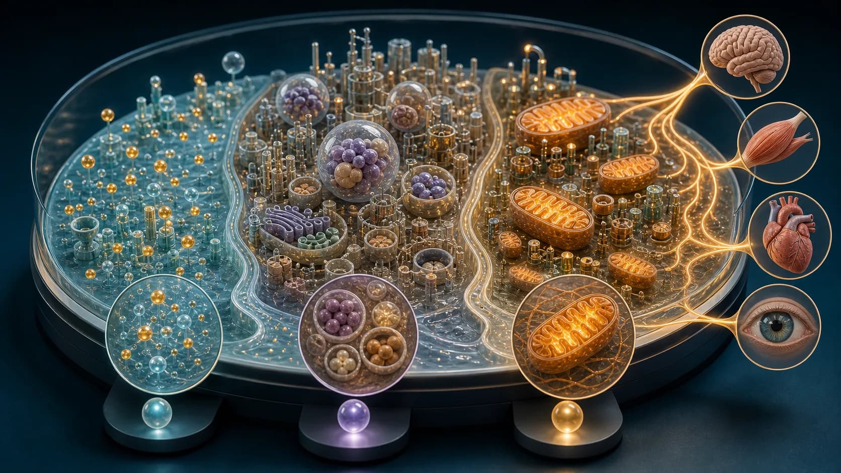 Diorama médico mostrando uma cidade celular dividida em três áreas: moléculas pequenas, moléculas complexas e energia.