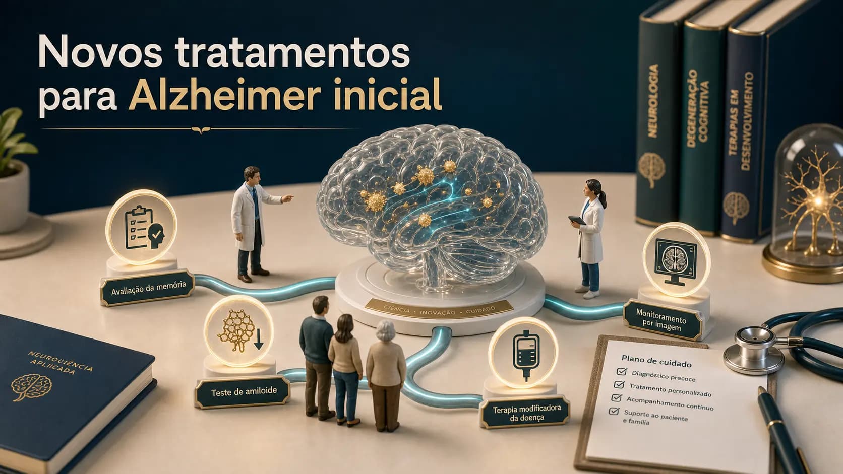 Diorama médico em quatro cenas mostrando avaliação de memória, placas amiloides, infusão intravenosa e monitoramento por ressonância no Alzheimer inicial