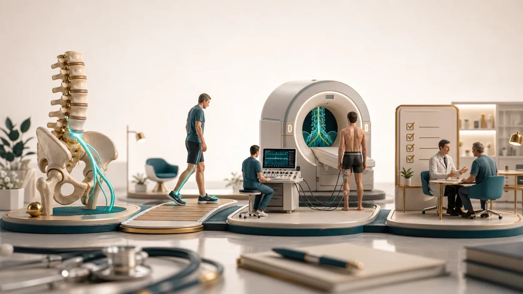 Diorama médico mostrando coluna lombar, pelve, nervo ciático e perna com sinais de investigação neurológica