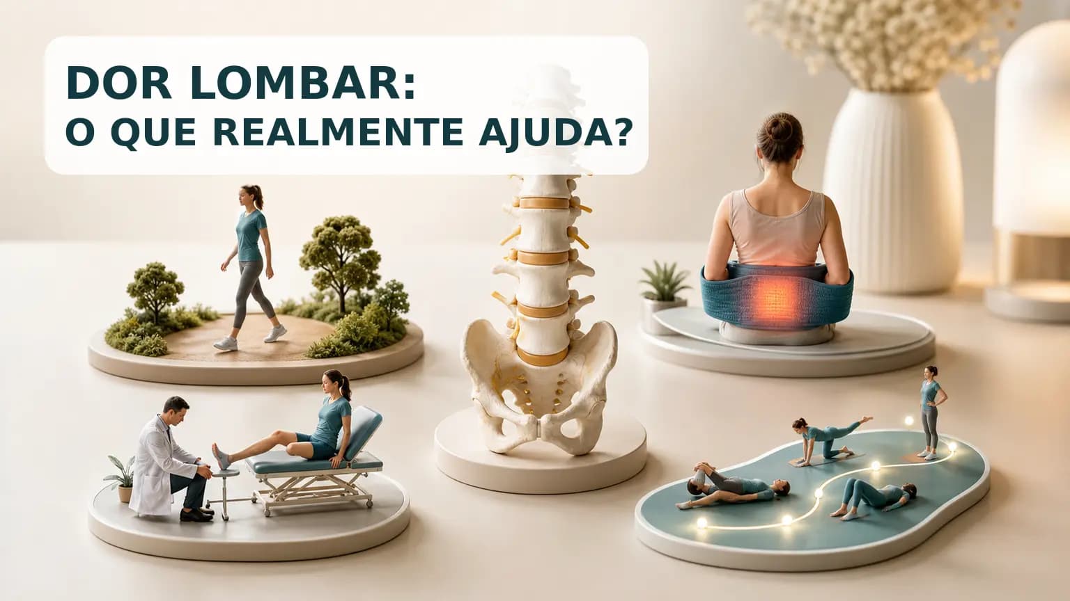 Diorama médico educativo mostrando coluna lombar, movimento seguro, sinais de alerta e plano de recuperação para dor lombar