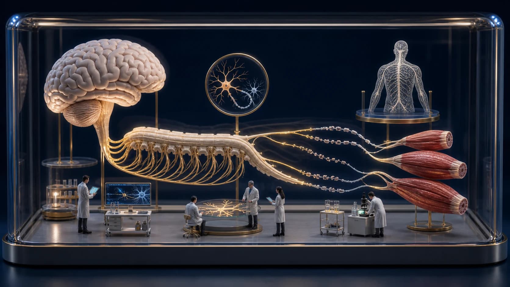 Diorama médico mostrando cérebro, medula e músculos conectados por vias motoras em contexto de esclerose lateral amiotrófica