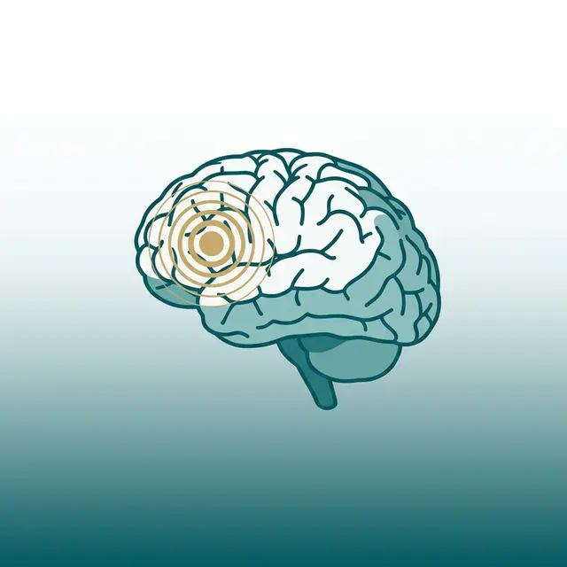 Ilustração editorial minimalista de um cérebro com circuitos neurais destacados em azul-petróleo, representando a enxaqueca crônica