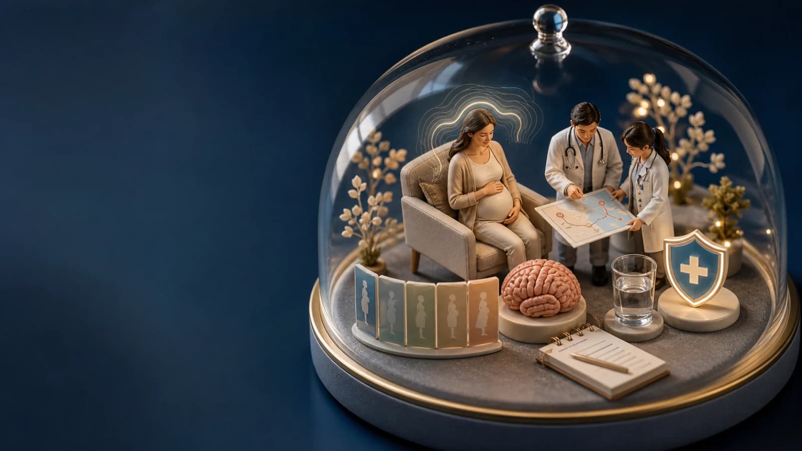 Diorama médico mostrando uma gestante em ambiente calmo com cérebro iluminado e símbolos de cuidado seguro para enxaqueca