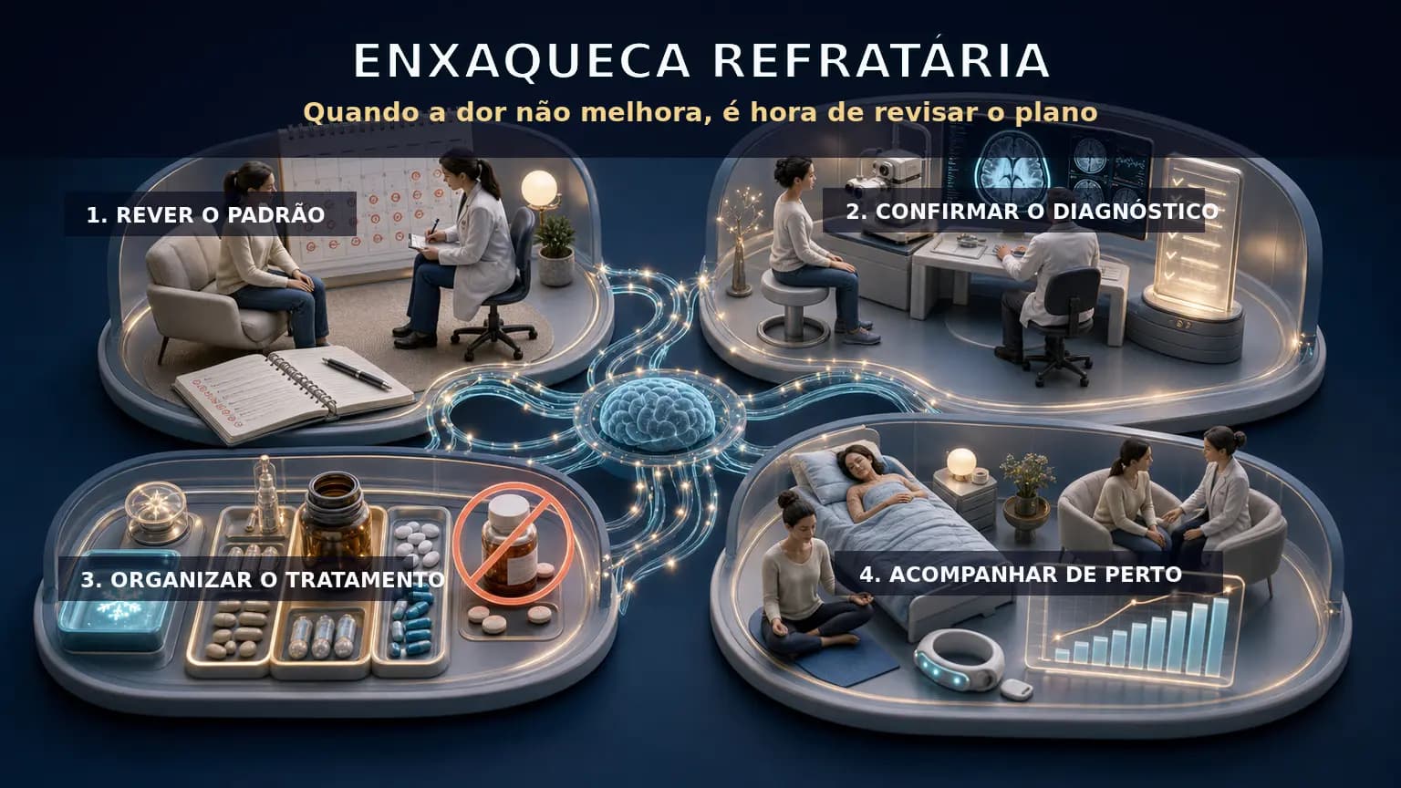 Diorama médico em quatro cenas mostrando investigação, tratamento da crise, prevenção e acompanhamento da enxaqueca refratária