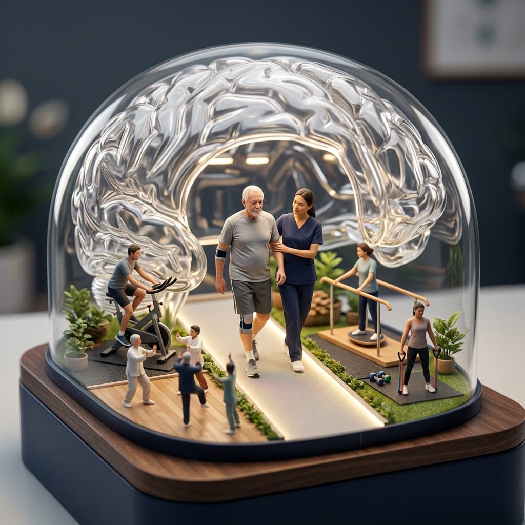 Diorama médico mostrando uma pessoa com Parkinson caminhando em uma pista de exercícios, com cérebro iluminado e apoio de fisioterapia