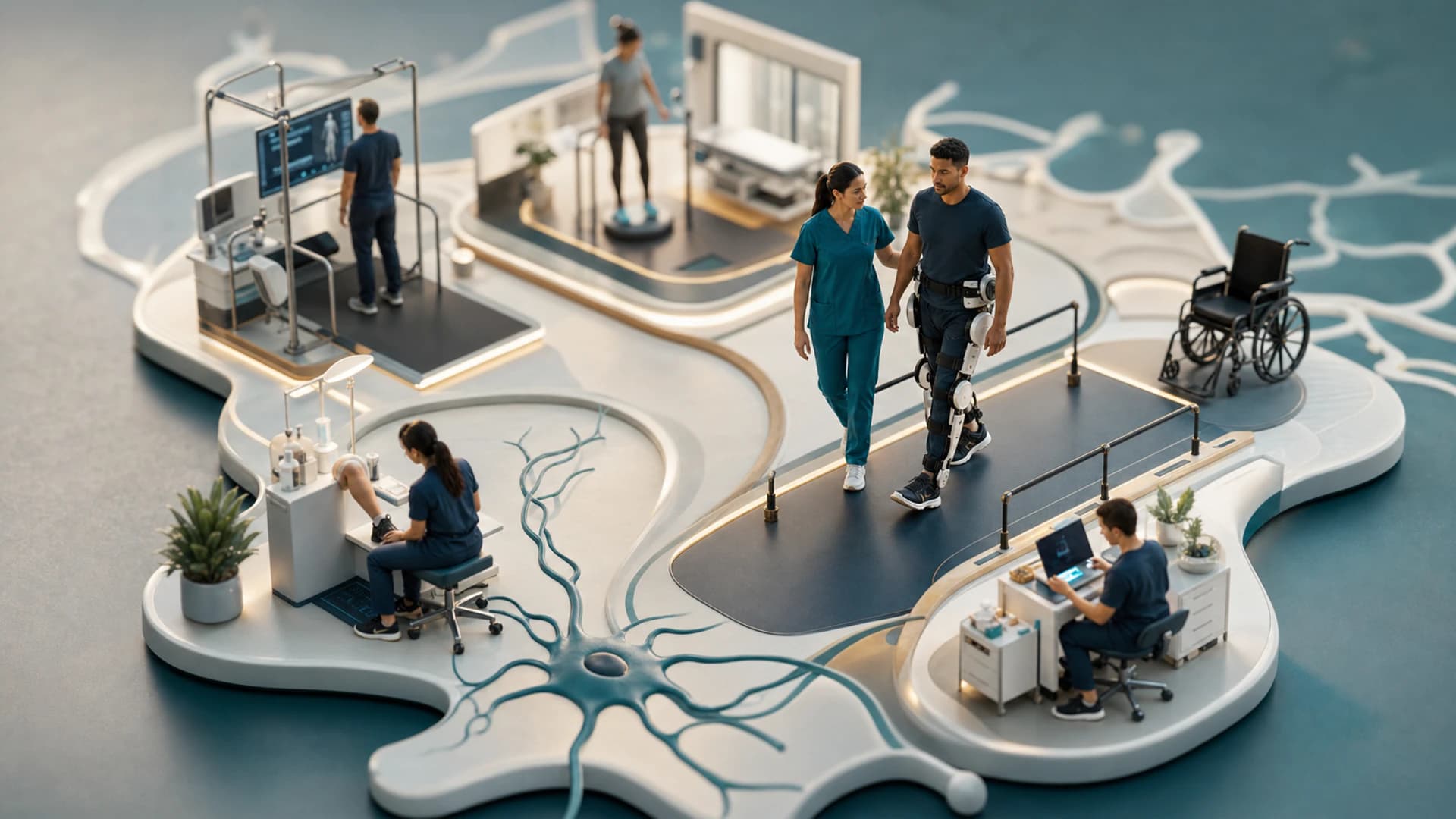 Diorama médico mostrando uma pessoa em treinamento de marcha com exoesqueleto robótico em um centro de neuroreabilitação