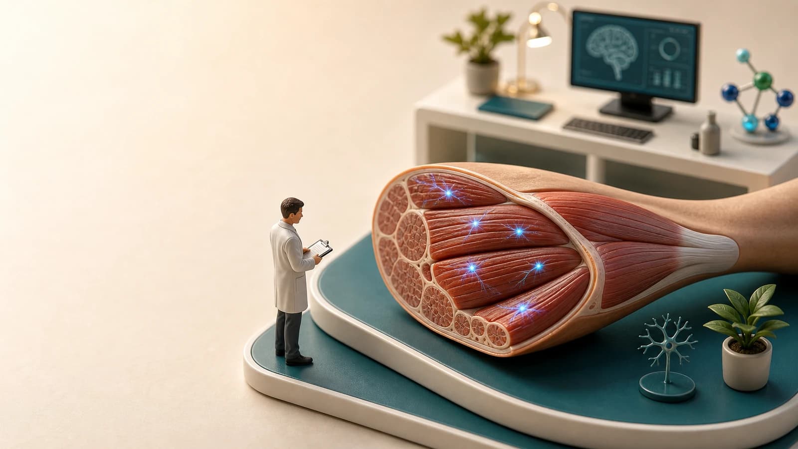 Diorama médico mostrando pequenos sinais elétricos em músculos sem perda de força, com ambiente calmo e informativo