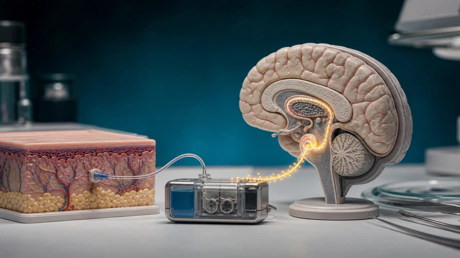 Diorama médico mostrando bomba portátil de infusão subcutânea ligada a uma representação estilizada do cérebro e da via dopaminérgica no Parkinson avançado.