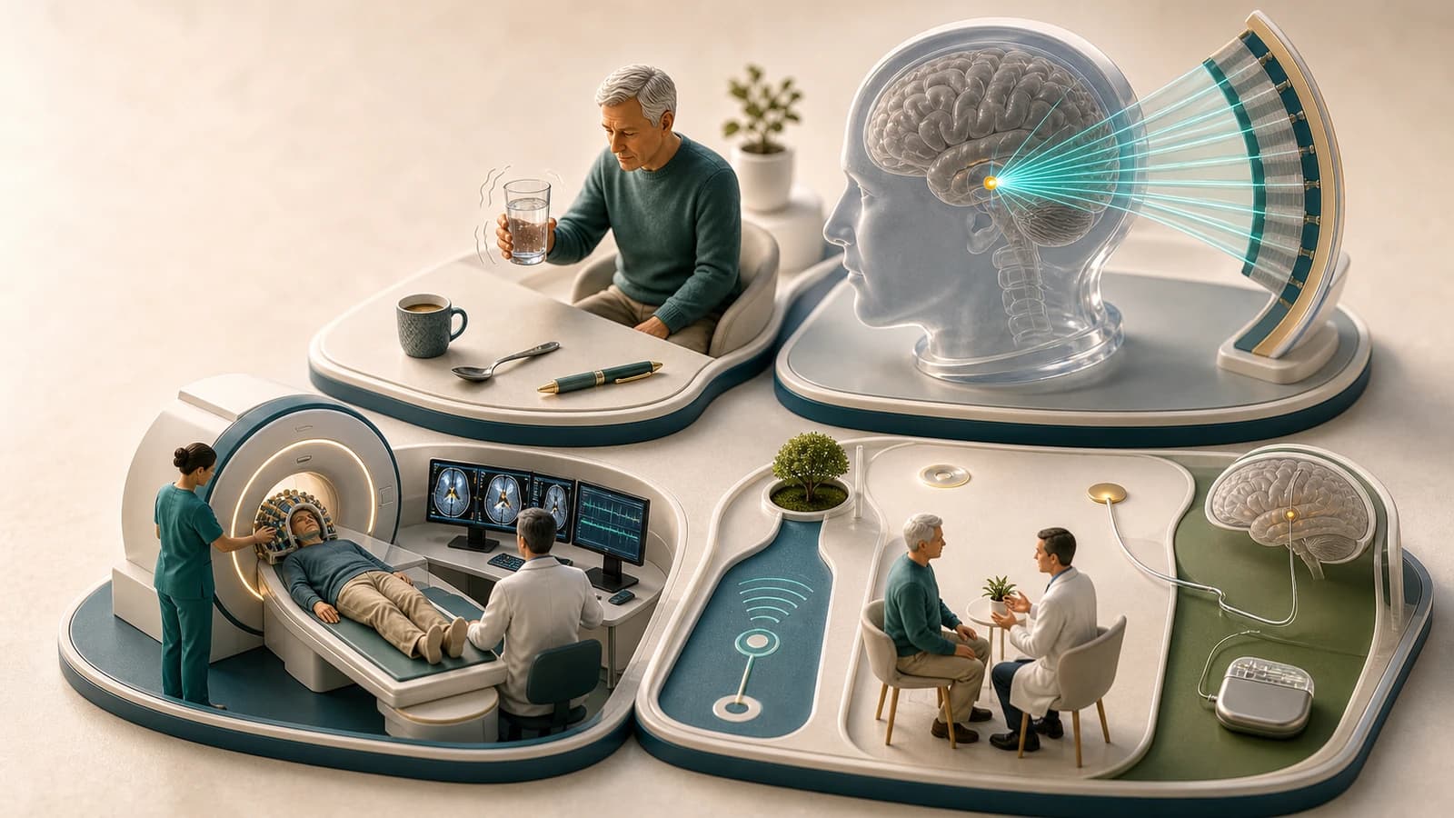 Diorama médico mostrando tremor nas atividades diárias, feixes de ultrassom convergindo no cérebro, paciente em ressonância e comparação entre HIFU e DBS