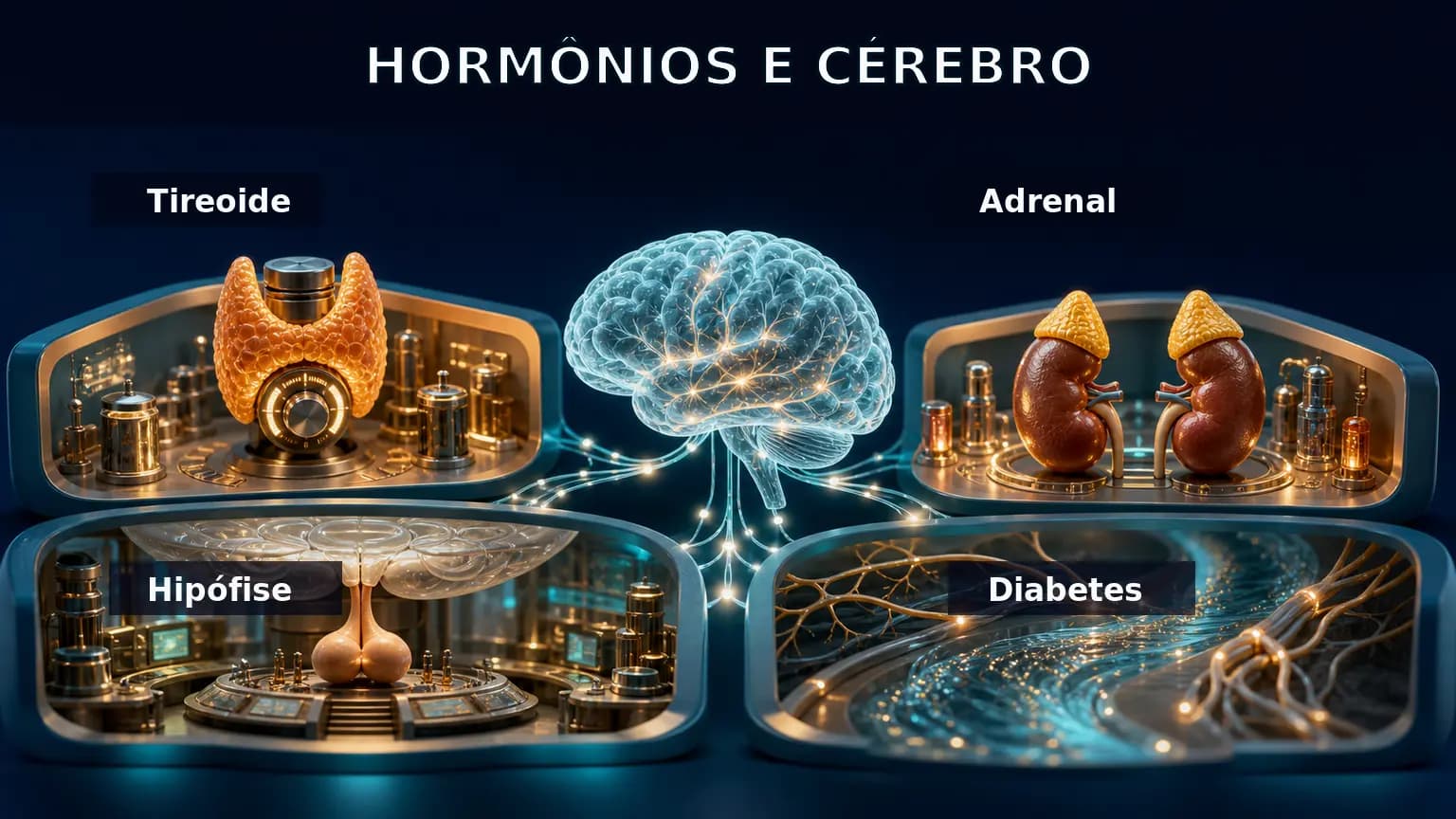 Diorama médico em quatro quadros mostrando tireoide, hipófise, adrenal e diabetes conectados ao cérebro e aos nervos.