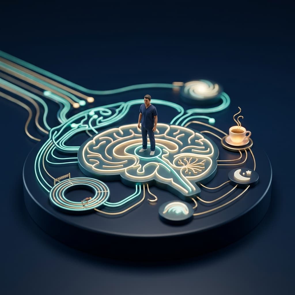 Diorama médico mostrando uma pessoa em miniatura diante de circuitos cerebrais e setas de gatilhos para movimentos paroxísticos