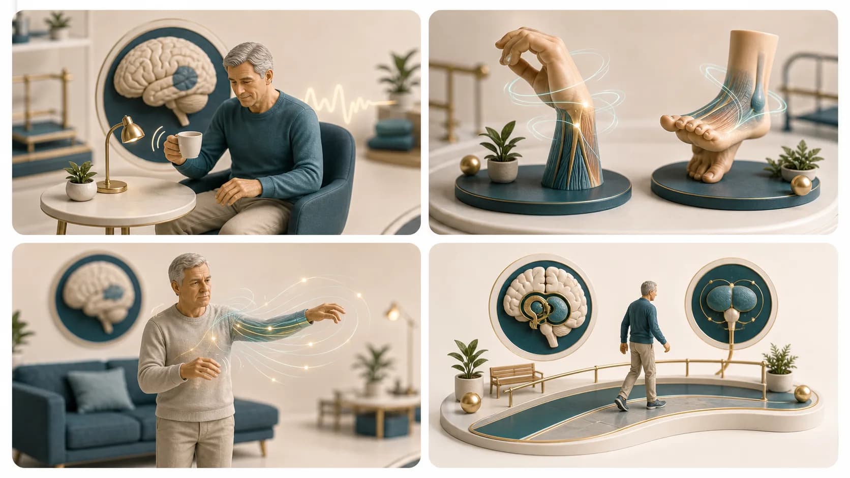 Diorama médico mostrando quatro cenários de movimentos involuntários após AVC em estilo limpo e didático