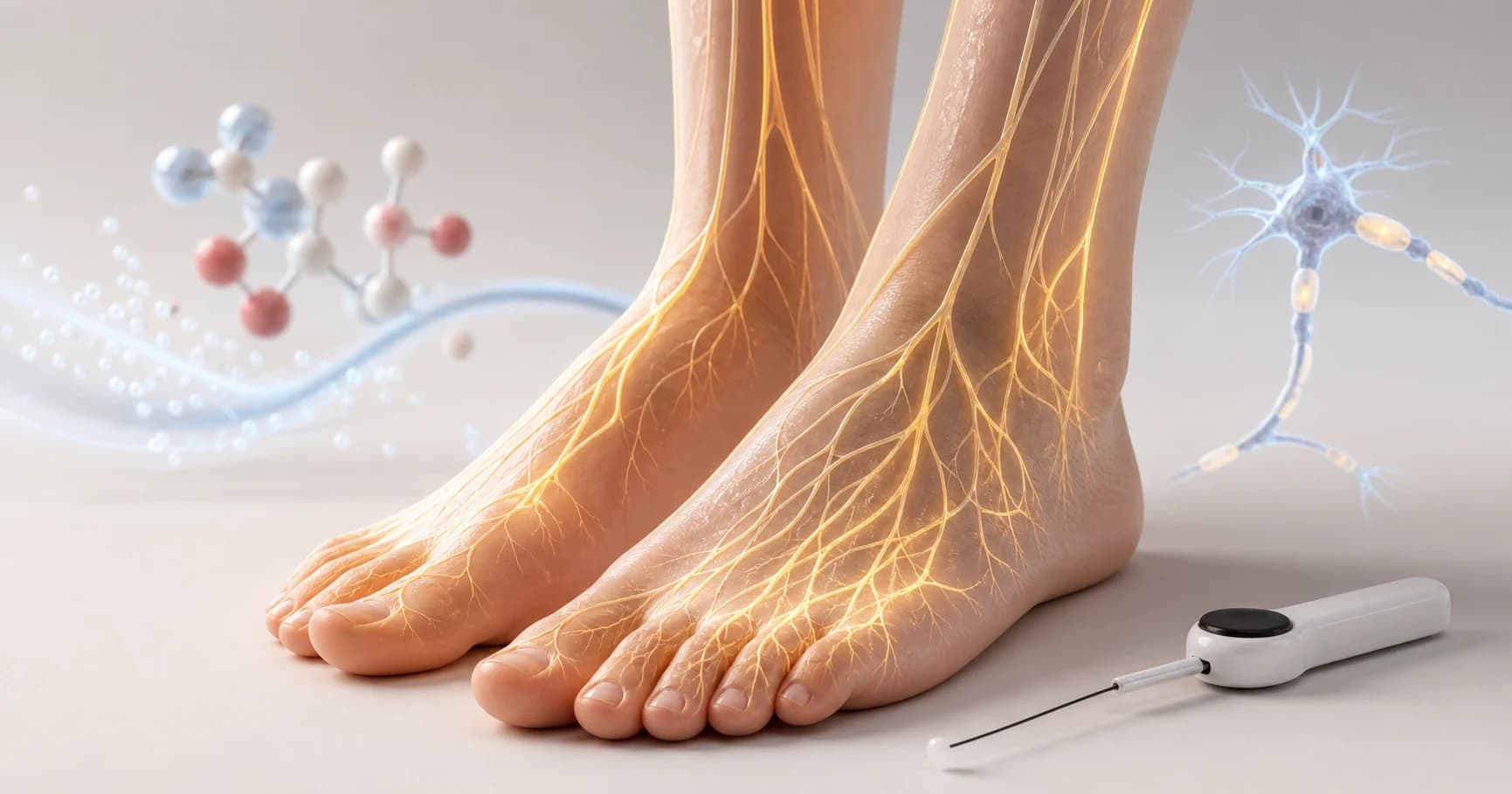 Diorama médico mostrando nervos dos pés, sintomas de neuropatia diabética, exame neurológico dos pés e cuidados preventivos