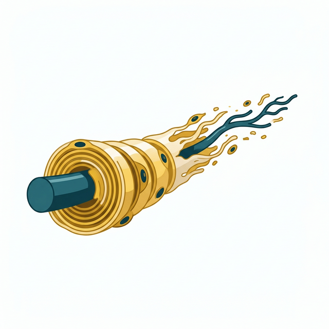 Ilustração minimalista de nervo periférico com fibras afinadas, em tons de azul-petróleo e dourado, sobre fundo branco
