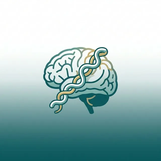 Ilustração de neurônio com espiral de Treponema pallidum ao fundo, estilo flat design médico azul-petróleo e dourado