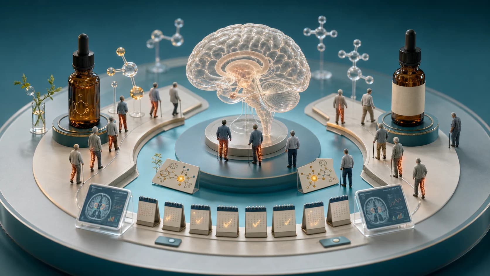 Diorama médico representando comparação entre óleo contendo CBD e THC e placebo para dor na doença de Parkinson